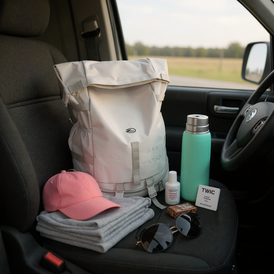Flat lay of female truck driver essentials on black truck seat including BackpackBeat 8803 34L white waterproof backpack, pink baseball cap, mint green water bottle, folded clothes, TWIC card, sunglasses and toiletries