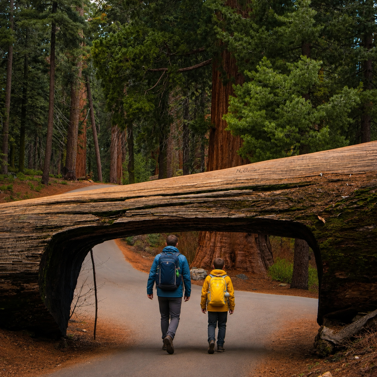 Father with a blue backpack and child with a yellow hiking backpack walking beneath a fallen tree in a sequoia forest