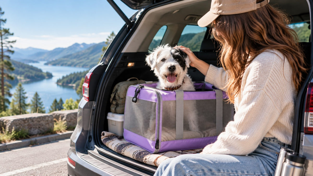 Hund i en mjuk transportväska i bilens bagageutrymme