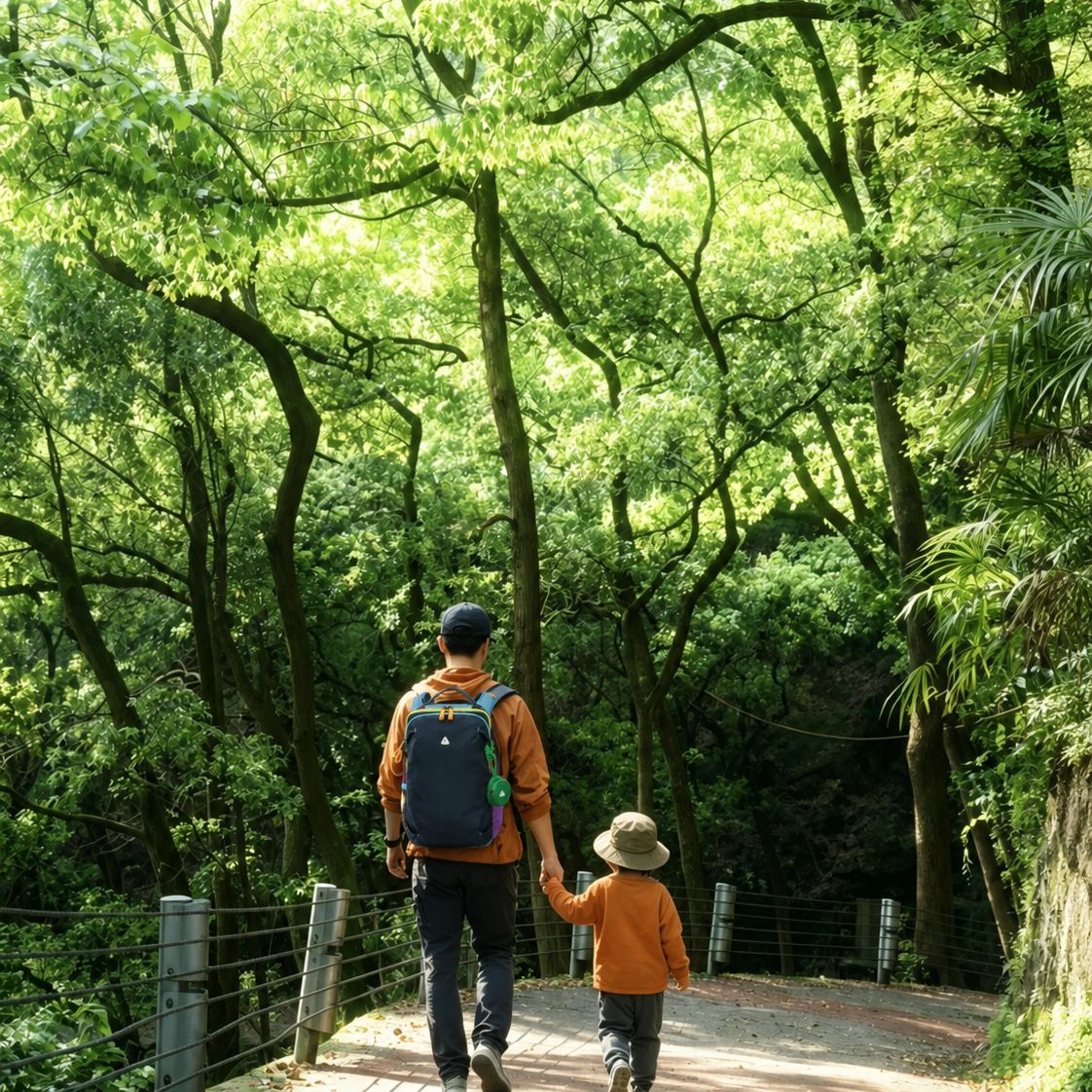 Parent carrying a hiking backpack while walking hand in hand with a young child on a shaded forest trail.