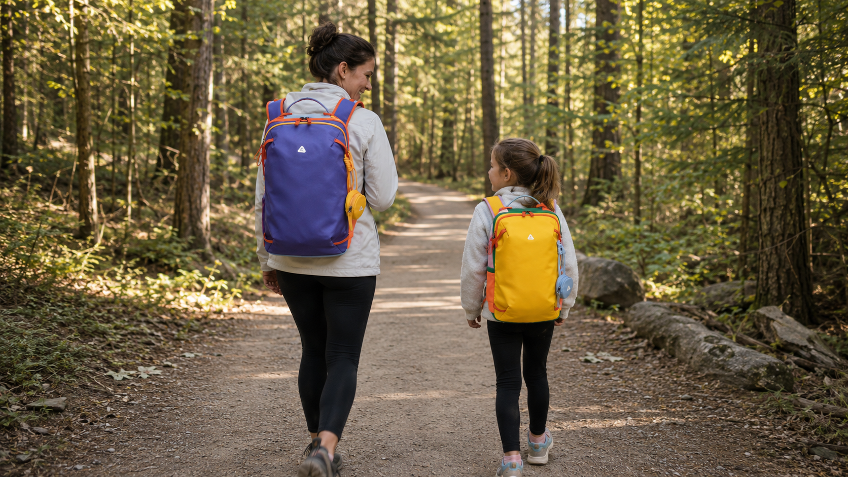 Parent wearing the purple 8809 Lightweight Hiking Backpack 19L beside a child carrying the yellow 8810 backpack on a gentle forest trail