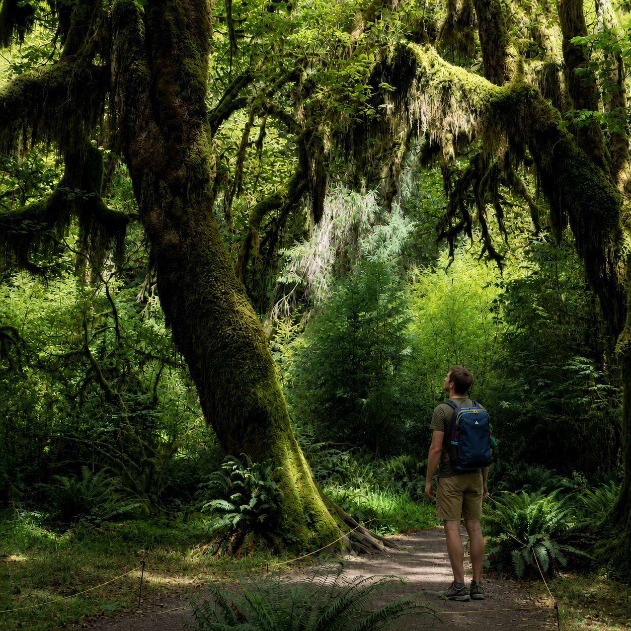 Hiker with a blue backpack looking up at moss-covered trees on a quiet forest path