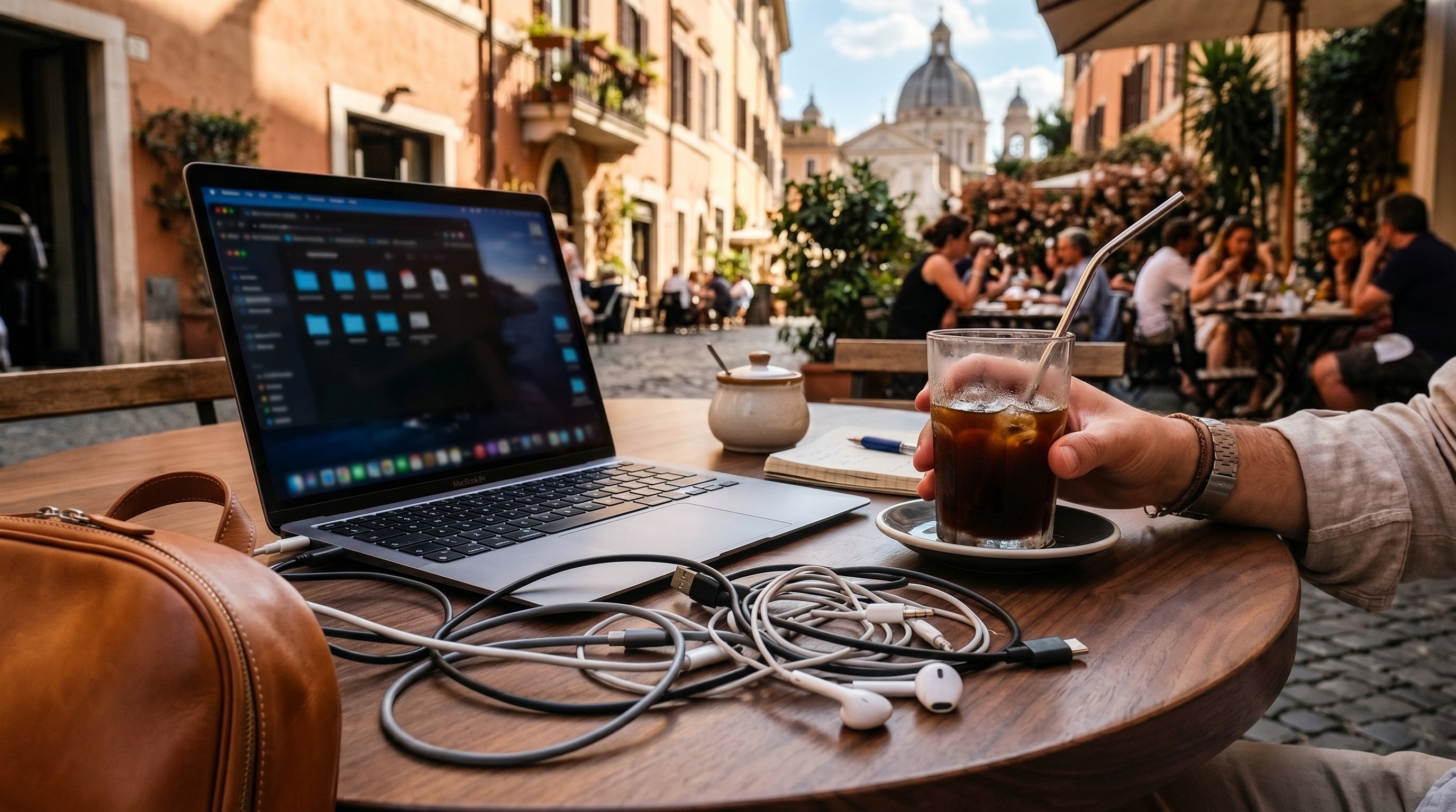MacBook Air open on a round wooden café table in a Roman piazza, tangled USB-C cables and earphones spread across the surface, cold brew in hand, leather bag visible to the left — the exact moment a messy bag costs you momentum