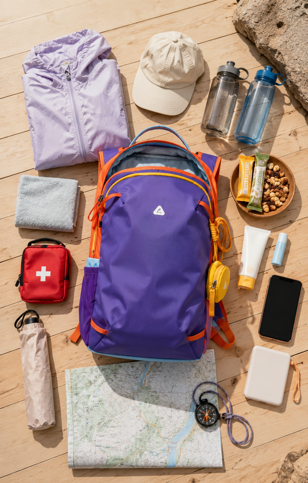 Open backpackbeat 8809 19L hiking backpack surrounded by two water bottles, a light jacket, snacks, first-aid kit, sunscreen, phone, power bank, map and other day-hike essentials.