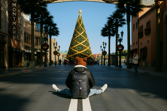 A traveler wearing the BackpackBeat 8808 Extend Waterproof Backpack sits under a giant Christmas tree in a festive city street