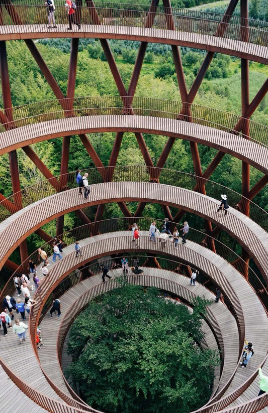 Spiral forest observation tower in Camp Adventure Park, south of Copenhagen