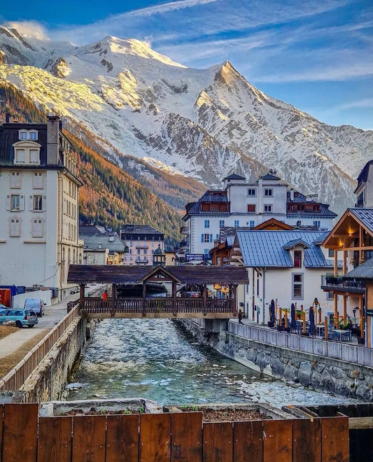 Chamonix town framed by snow-capped peaks in morning light