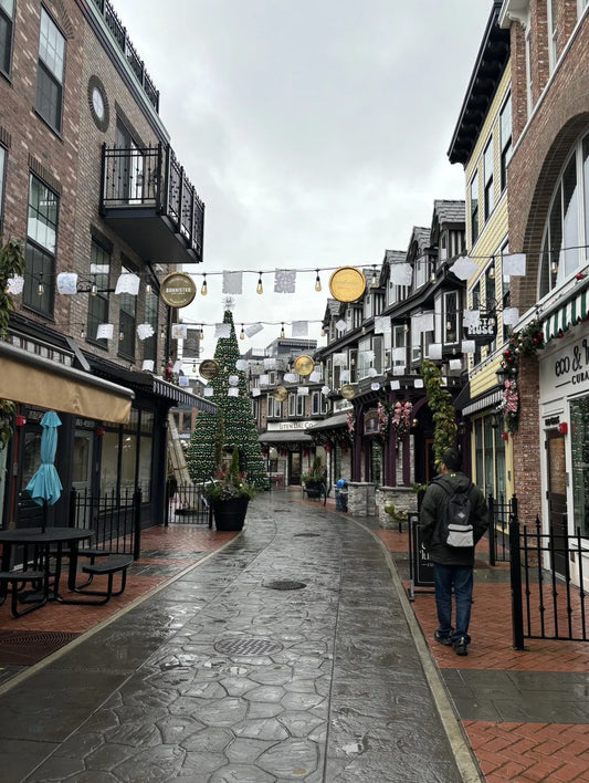 Rainy cobblestone street with boutique shops and lights in District 1881, Chilliwack