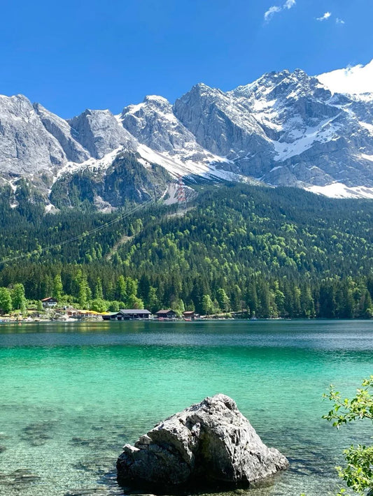 Clear emerald waters of Eibsee with Zugspitze in the background, Bavarian Alps