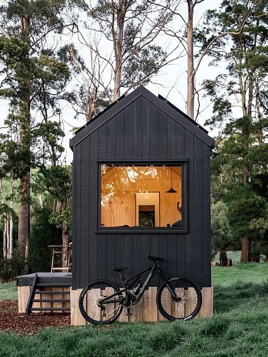 Small modern glamping cabin surrounded by forest in the UK