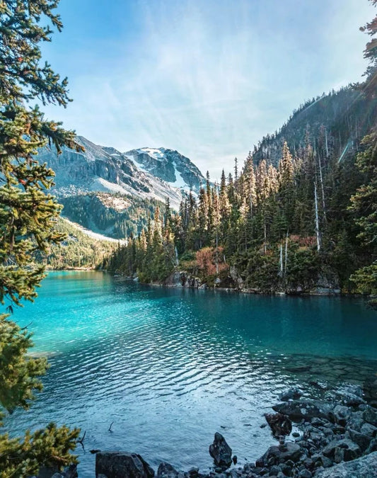 Turquoise glacial lake reflecting snow-capped peaks at Joffre Lake