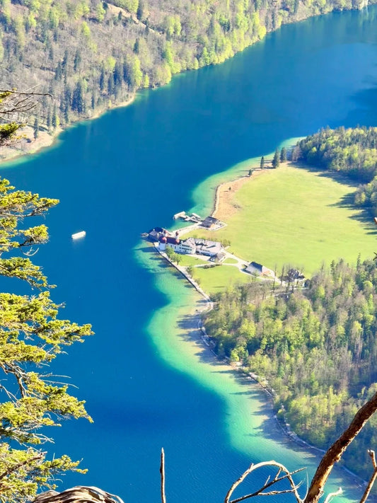 Aerial view of Königssee Lake with emerald shoreline and alpine forest in the German Alps, perfect for beginner hiking routes