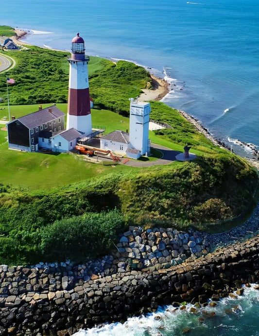 Aerial view of Montauk Lighthouse on Long Island’s eastern cliffside