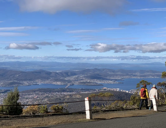  Scenic view from Mt Wellington with two hikers overlooking Hobart and the bay
