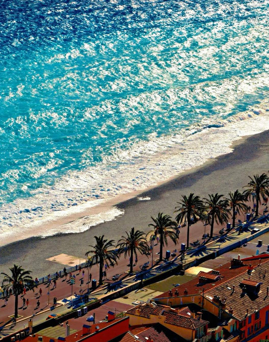 Aerial view of the Promenade des Anglais and the turquoise Mediterranean Sea