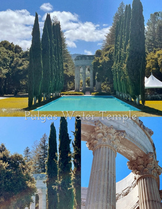 Stone columns and cypress trees at the entrance of Pulgas Water Temple