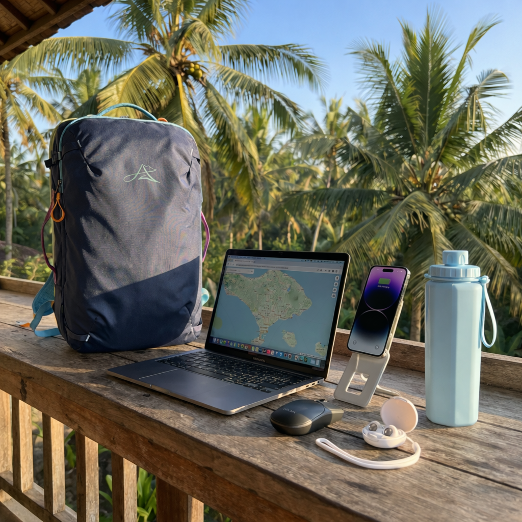 Complete digital nomad work setup on Bali villa wooden deck — BackpackBeat backpack, MacBook with map open, phone on stand, wireless earbuds and water bottle surrounded by palm trees