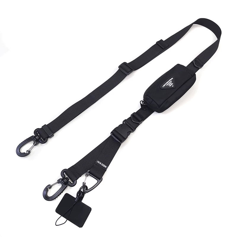 Full-length image of the 1101 modular crossbody strap showing dual adjustment zones, quick-release buckle, and attachment hooks.