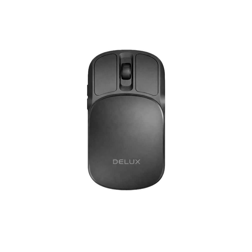 1107 black foldable silent wireless mouse top view on white background, USB-C travel mouse for digital nomads, compact portable design