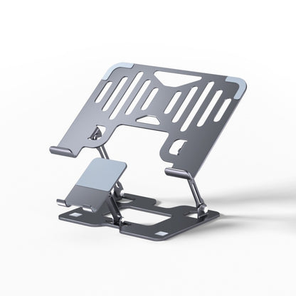 Backpackbeat 1111 foldable laptop and phone stand in space gray on white background showing open slot ventilation panel and integrated phone cradle