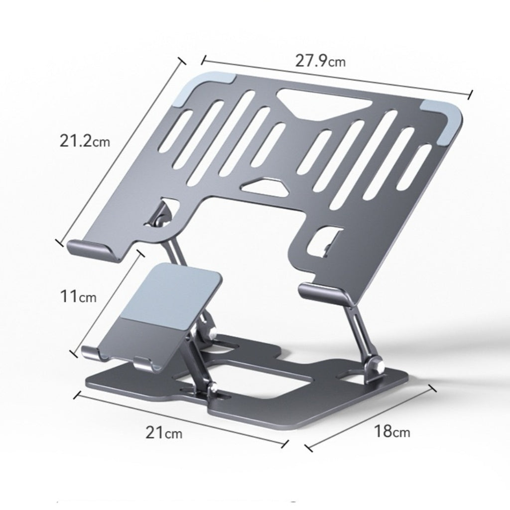 Backpackbeat 1111 foldable laptop stand dimension diagram showing 27.9cm width 21.2cm height 11cm phone holder and 21 by 18cm base footprint