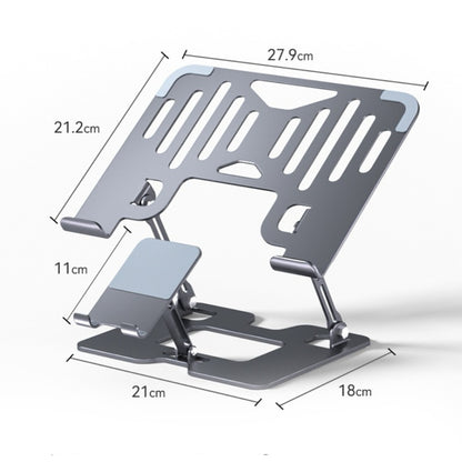 Backpackbeat 1111 foldable laptop stand dimension diagram showing 27.9cm width 21.2cm height 11cm phone holder and 21 by 18cm base footprint