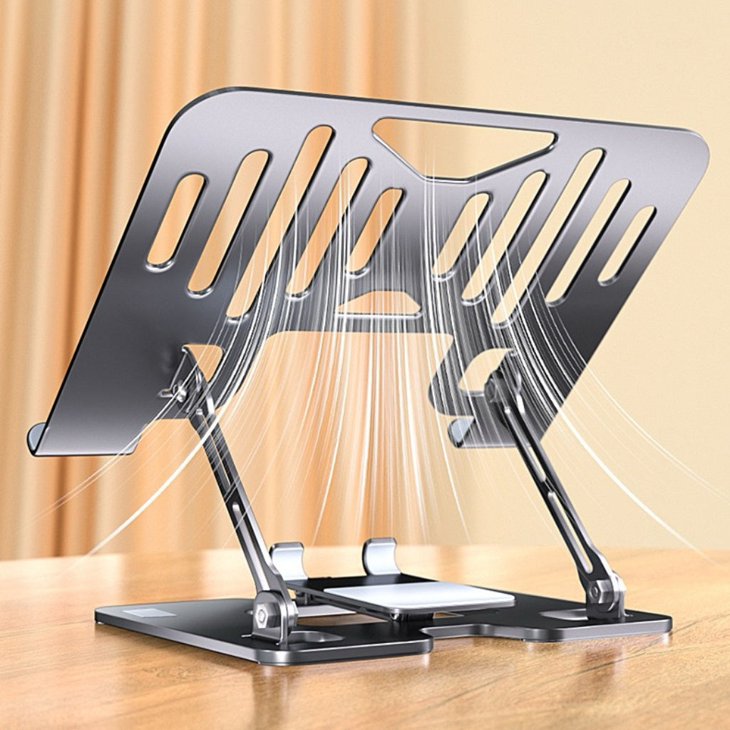 Backpackbeat 1111 foldable laptop stand showing open slot ventilation design with airflow lines highlighting cooling performance