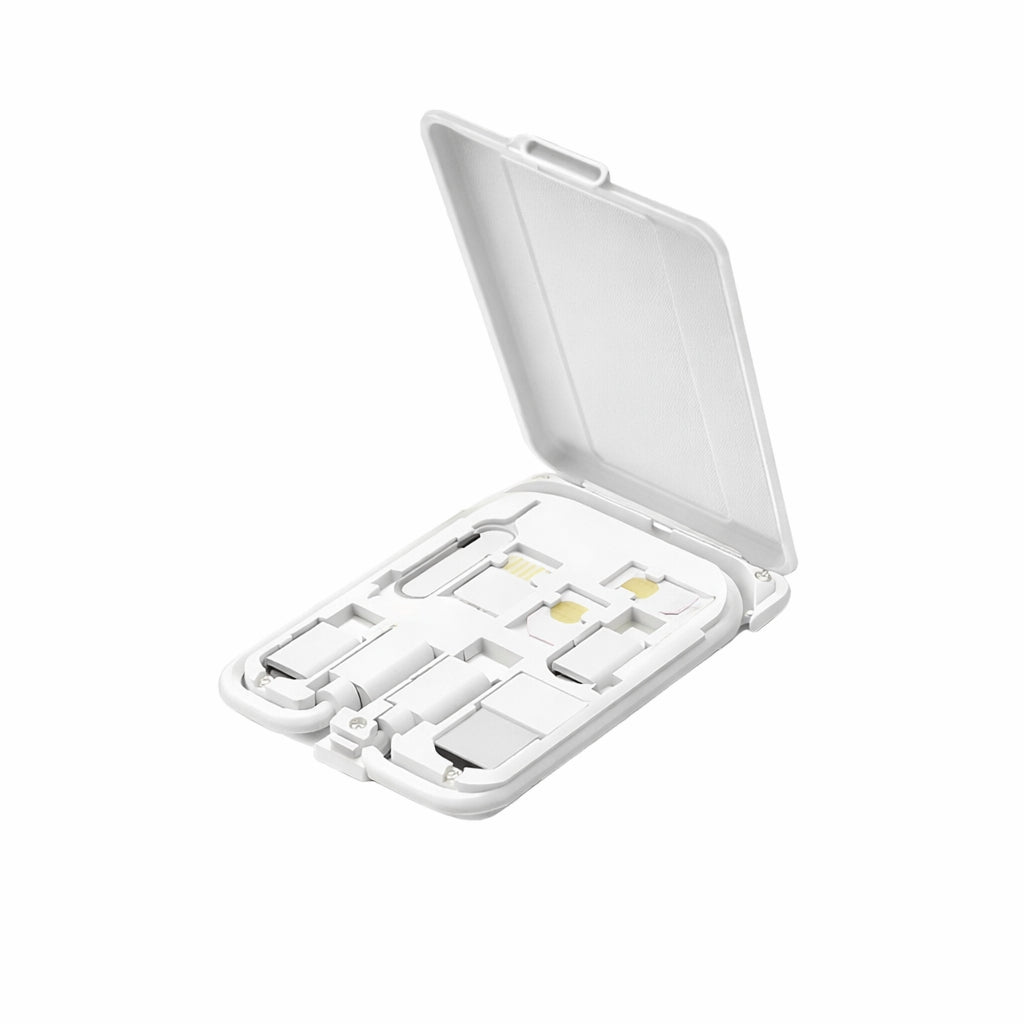 Backpackbeat 1112 phone adapter kit in white showing card-sized compact form with all adapters and charging tools stored inside