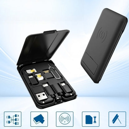 Backpackbeat 1112 phone adapter kit showing five functions wireless charging multi-cable adapters card storage SIM tool kit and phone stand