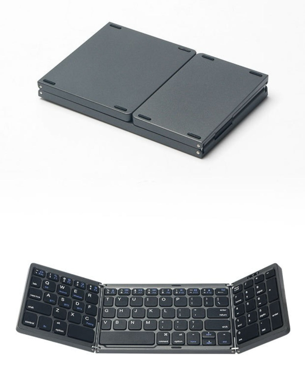 Backpackbeat 1113 foldable Bluetooth keyboard showing fully folded compact state and half-fold position