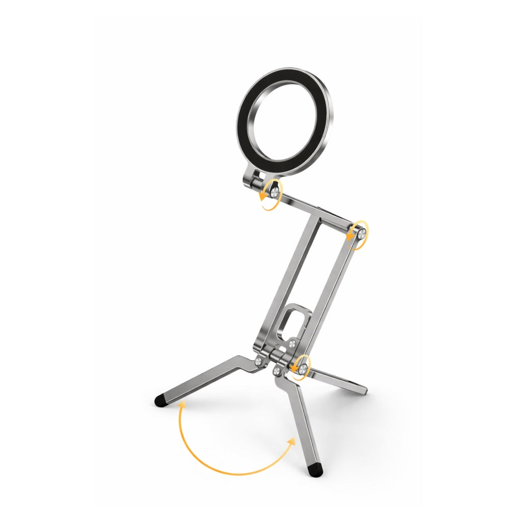 Backpackbeat 1114 phone stand with four orange highlighted rotation points showing full multi-axis adjustment range