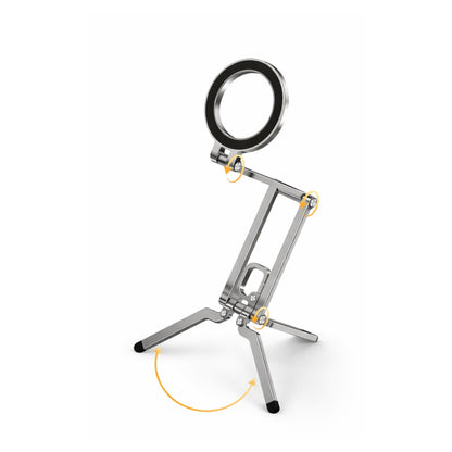 Backpackbeat 1114 phone stand with four orange highlighted rotation points showing full multi-axis adjustment range