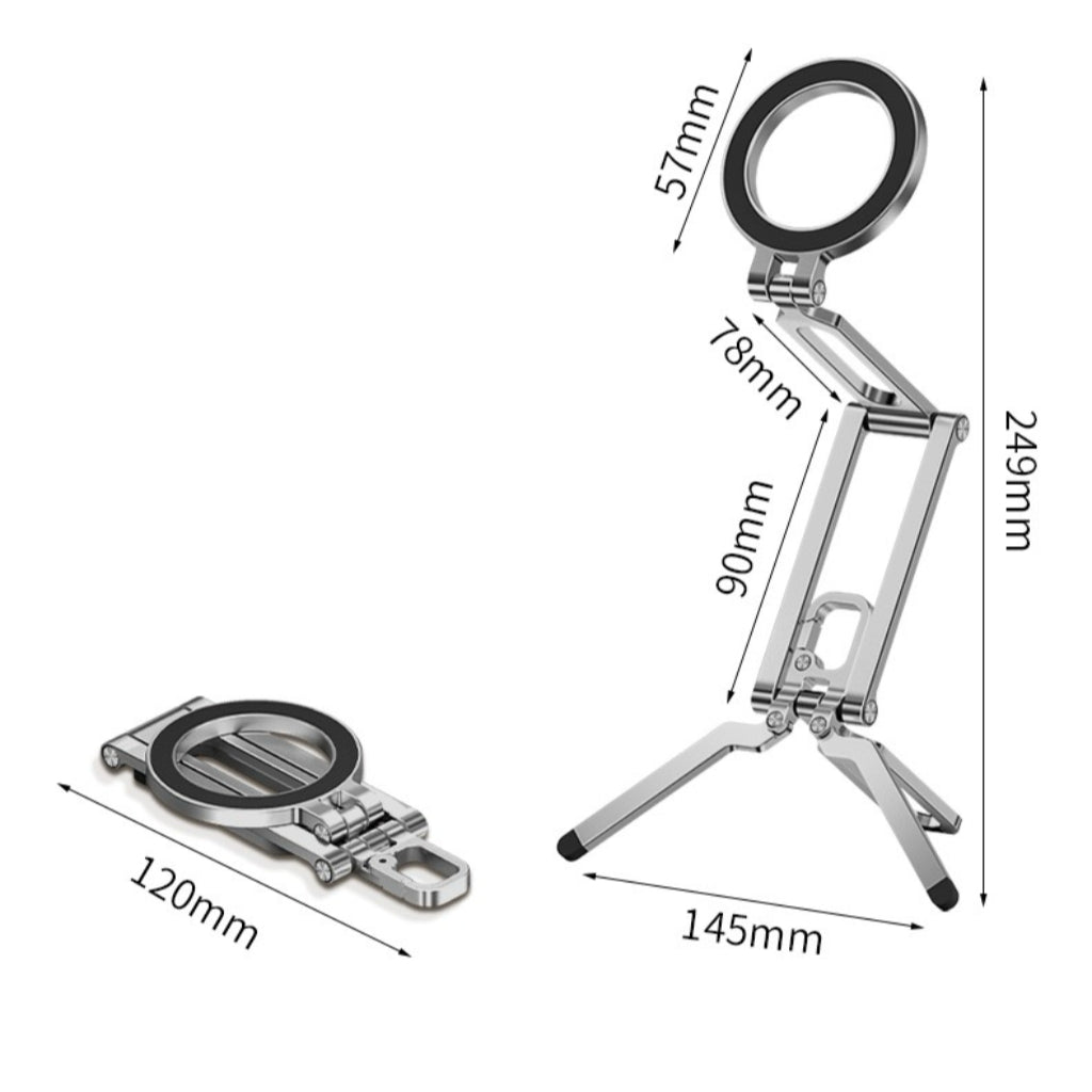 Backpackbeat 1114 phone stand dimension diagram showing 249mm expanded height 145mm base width and 120mm folded length