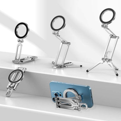Backpackbeat 1114 phone stand showing five configurations including folded flat desk stand low tripod tall tripod and magnetic flat mode with blue iPhone