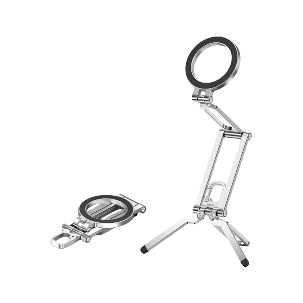 Backpackbeat 1114 silver magnetic phone stand showing expanded tripod position alongside folded compact 120mm flat state
