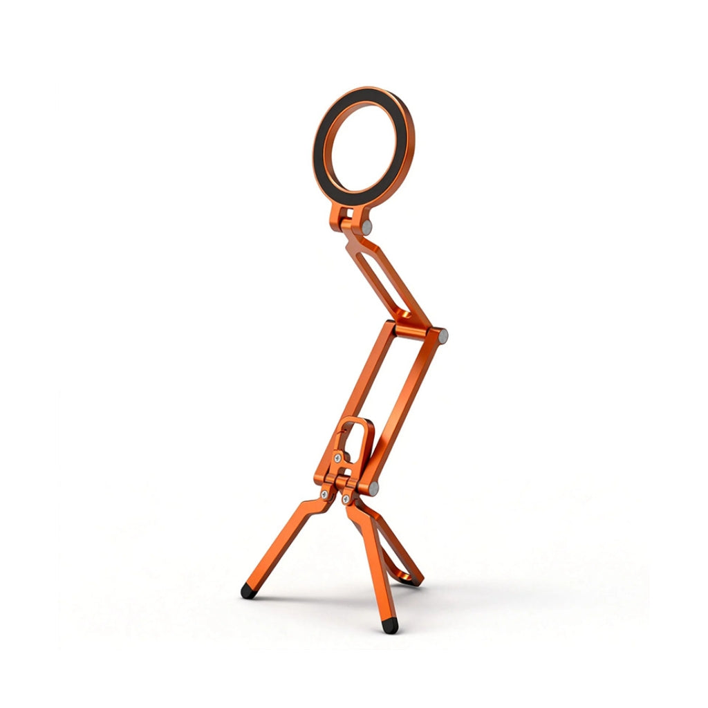 Backpackbeat 1114 foldable magnetic phone stand in orange aluminum on white background showing full tripod configuration