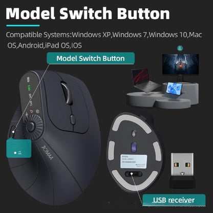 Backpackbeat 1115 silent wireless mouse showing model switch button USB receiver and compatibility with Windows macOS Android iOS