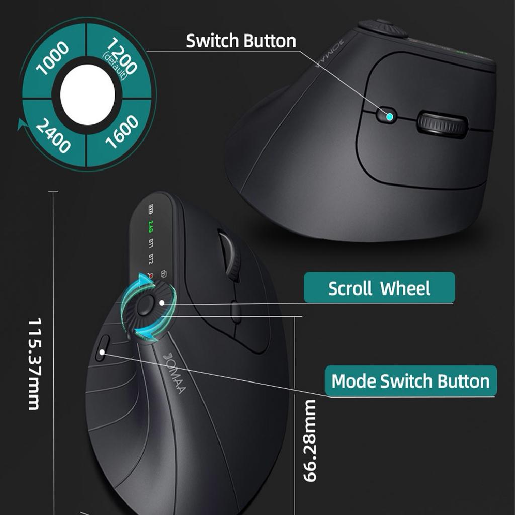 Backpackbeat 1115 silent wireless mouse showing four DPI settings 1000 1200 1600 2400 and dimensions 115mm by 66mm