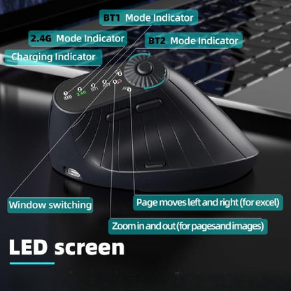 Backpackbeat 1115 silent wireless mouse LED screen showing 2.4G BT1 BT2 mode indicators charging status and knob functions