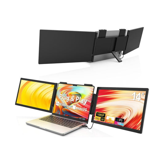Backpackbeat 2200 portable monitor for laptop with two 14 inch FHD IPS side screens clipped onto laptop, plug and play for Windows and macOS