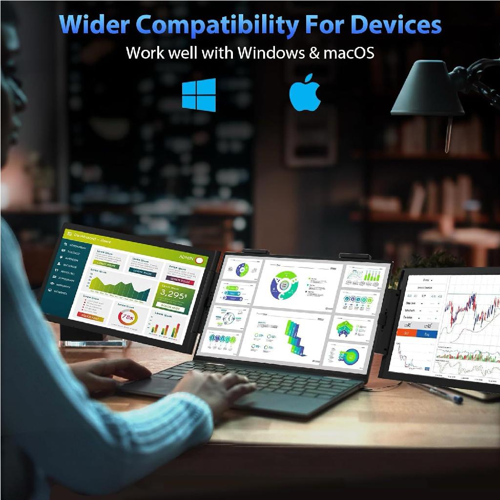 Person working with Backpackbeat 2200 portable triple screen laptop monitor setup showing Windows and macOS compatibility