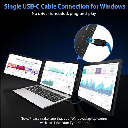  Windows Laptop Single USB-C Plug and PlayBackpackbeat 2200 portable monitor for Windows laptop connected with single USB-C cable showing three screen dashboard setup