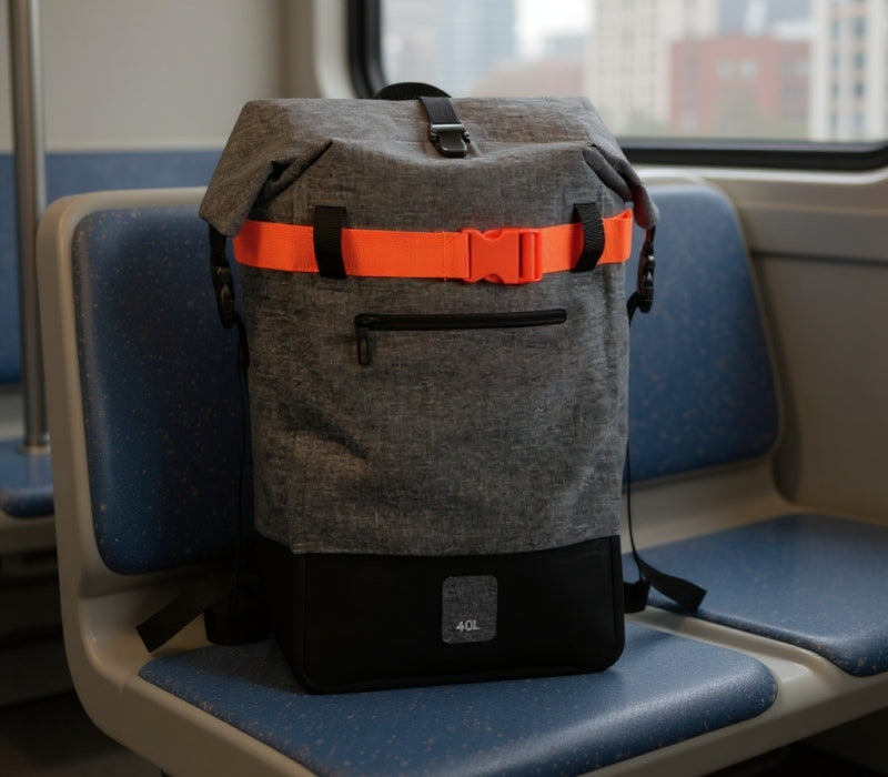 6600 Completely Waterproof Backpack 40L on a subway seat, perfect for city commuting and everyday travel