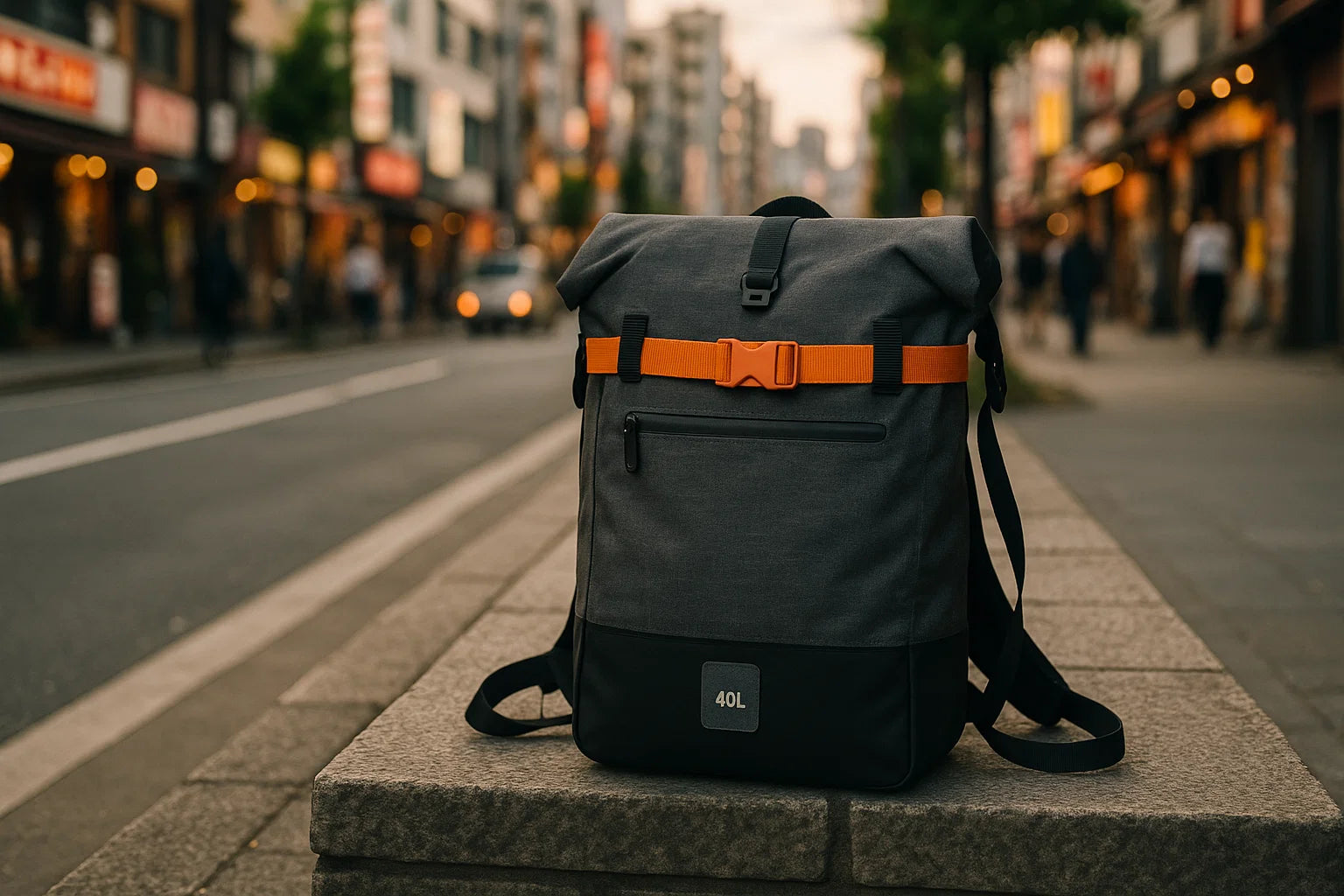 6600 waterproof grey backpack with helmet holder, back view on an urban street with buildings and traffic blur