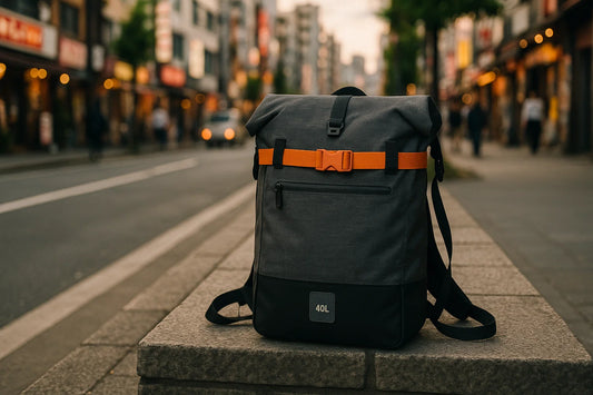 6600 waterproof grey backpack with helmet holder, back view on an urban street with buildings and traffic blur