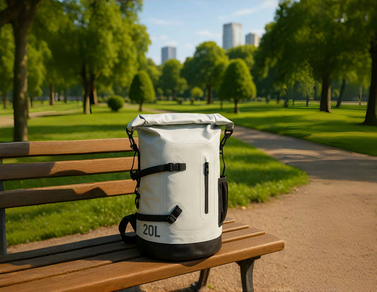 6601 waterproof backpack 20L in light grey placed in an urban park setting