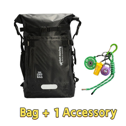 Black carbon fiber textured 6603 waterproof backpack 30L with roll-top design, external compression system, and one outdoor accessory lanyard for extreme weather travel