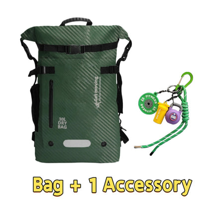 Military green 6603 waterproof travel backpack 30L featuring tactical carbon fiber pattern, roll-top waterproof closure, and one outdoor accessory lanyard for hiking and camping