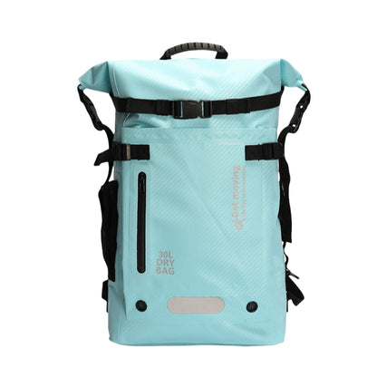 6603 waterproof backpack for travel 30L in turquoise featuring roll-top closure, waterproof zippers, dual buckle system and "30L DRY BAG" capacity marking
