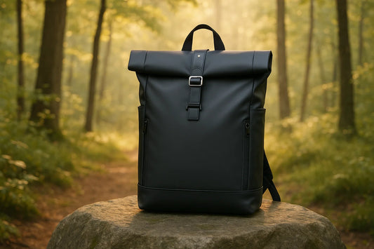 7700 black rolltop waterproof backpack standing on a rock in a forest, minimalist design ideal for hiking